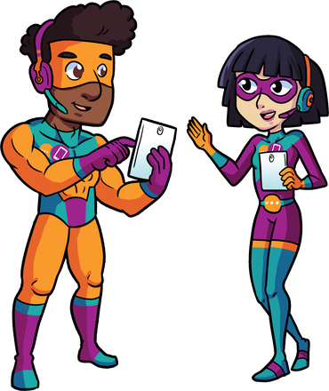 Zwei Heroes von hey contact heroes besprechen Kontakte am Tablet