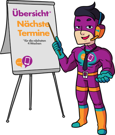 Hero von hey contact heroes zeigt auf ein Flipchart mit den nächsten Terminen